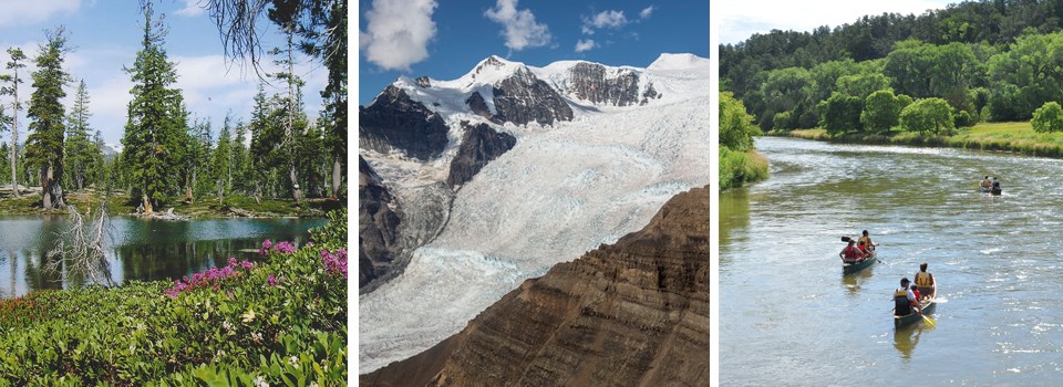 A series of photos: 1. an alpine lake surrounded by trees and flowers, 2. a rugged glacier, 3. 3 canoes floating down a green river.