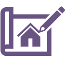 purple icon of a house on a piece of paper with a pencil