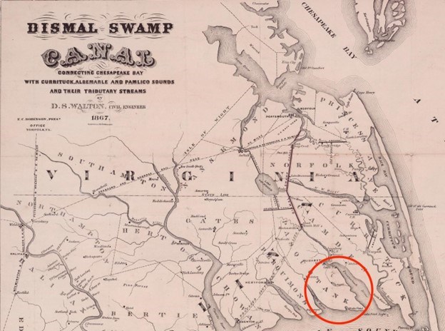 Final Map Map of Southern Virginia and Northern North Carolina that shows the Great Dismal Swamp