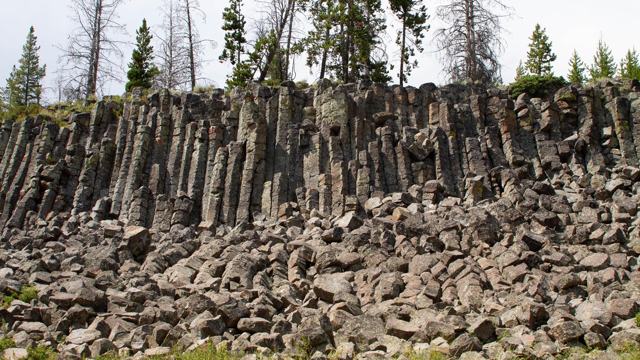 photo of a cliff of vertically jointed rock and a talus slope