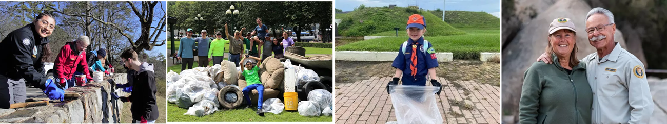 a montage of images of volunteers cleaning a wall, collecting debris and smiling for a photo