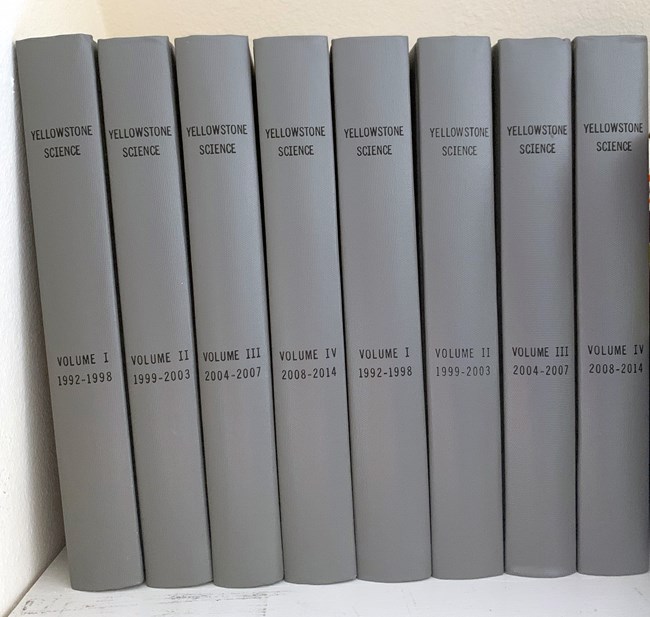 ys for web bound back issues of Yellowstone Science line the shelves of our office