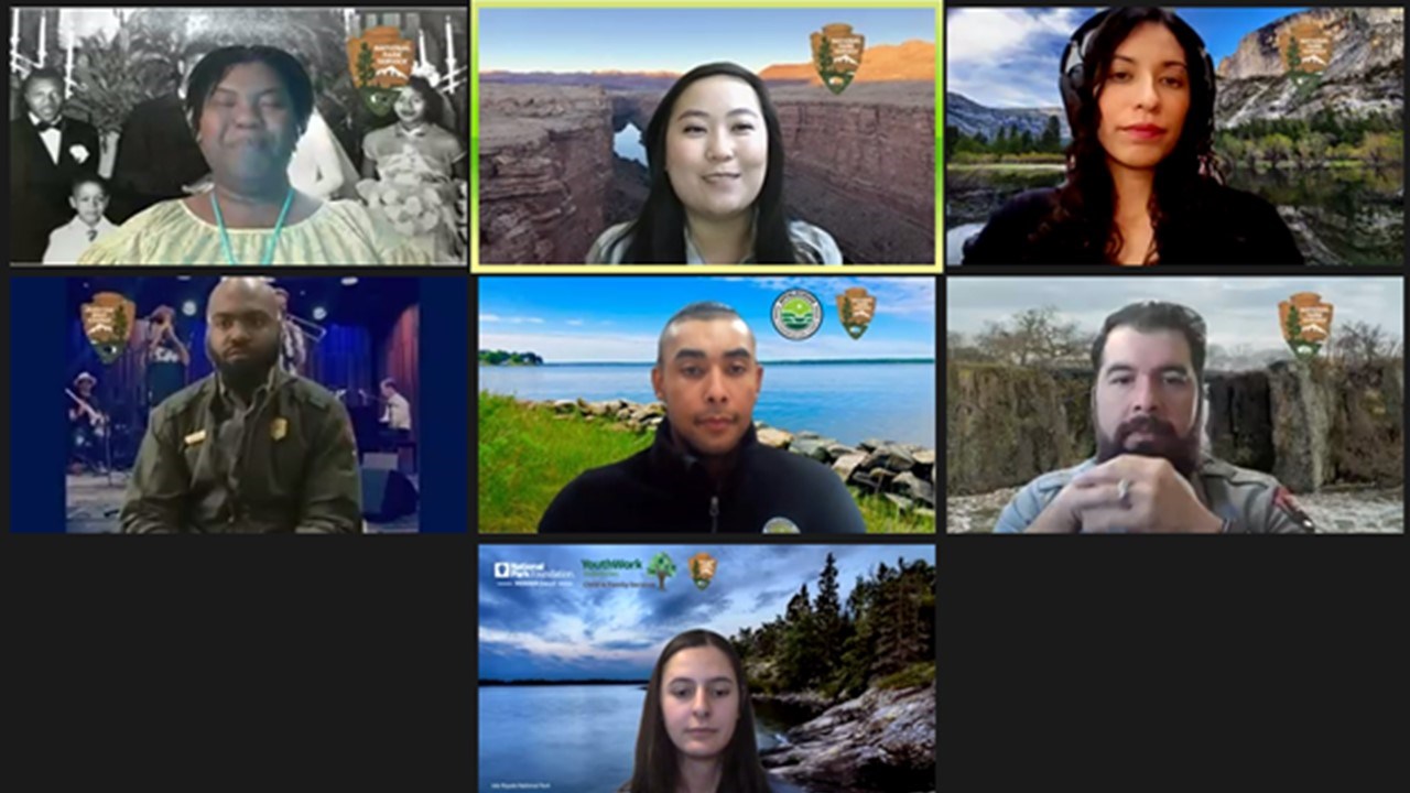 Screenshot from event - left to right: Keena Graham (NPS); Katherine Ko (NPS); Jamie Gonzales (NPS); Hunter Miles Davis (NPS); Kalen Anderson (Appalachian Conservation Corps); Eduardo Chaidez (NPS); Olivia Czajka (YouthWork)