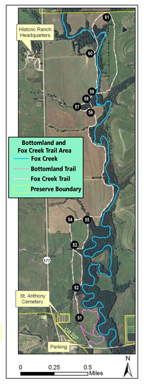 Fox Creek Trail hiking and fishing map. Fox creek is a squiggly blue line to the east of 177. "Parking" labelled in the south off CR 227, SW of St. Anthony Cemetary. Historic Ranch Headquarters in NW corner of map.