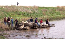 Kids fishing at the preserve's ponds. 8 children on a small course rock jetty going into muddy water.