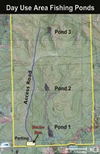 "Day Use Area Fishing Ponds" Map shows "Pond 1," "Pond 2," and "Pond 3" to the east of an "Access Road" leading north from "Parking"