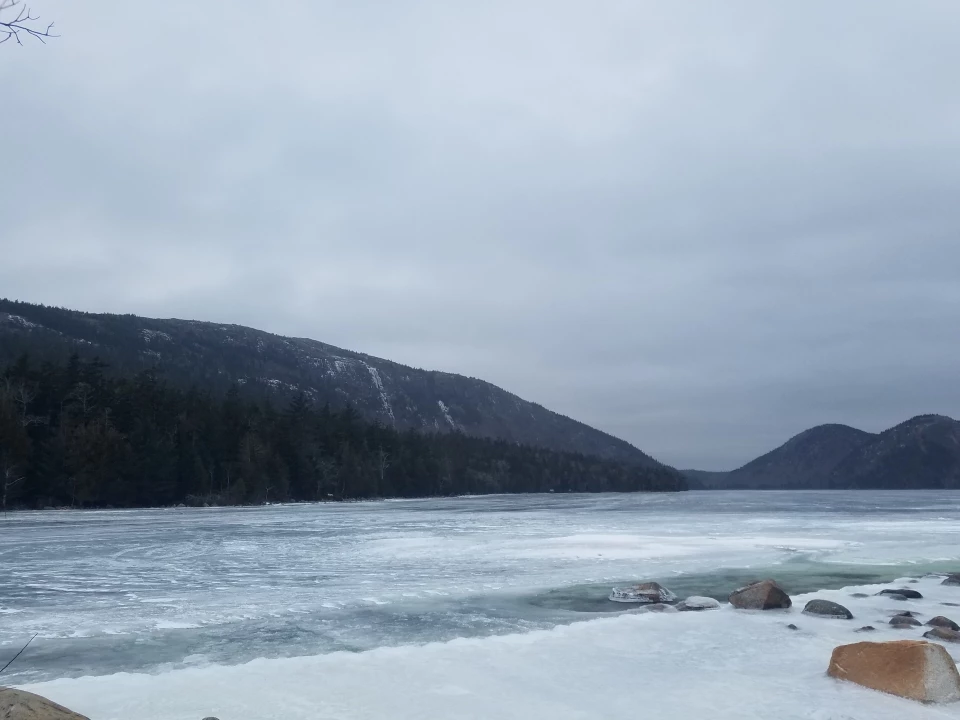Jordan Pond frozen view of lake covered in ice