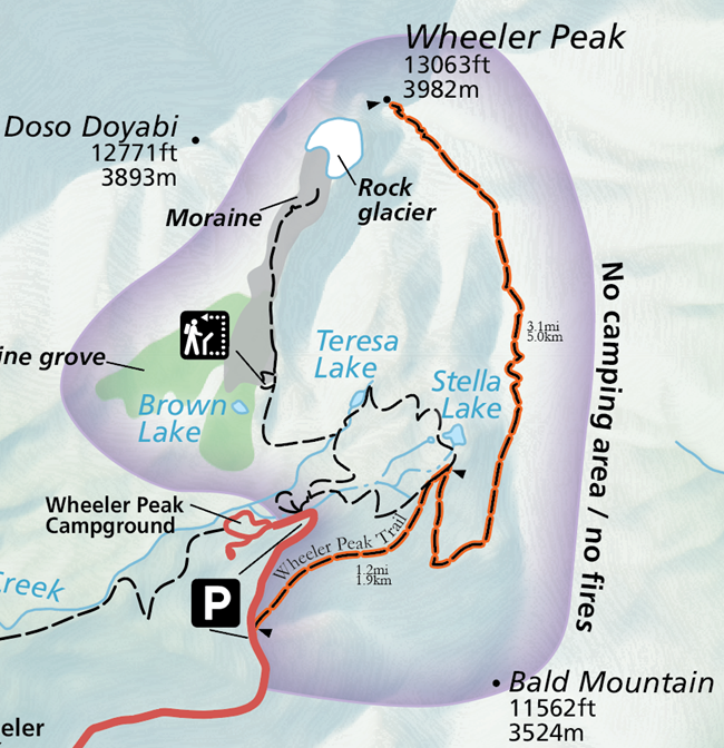 Wheeler Peak Trail Highlight A color image of a selection of the official park map. A red road emerges from the bottom and connects to an orange highlighted trail labelled "Wheeler Peak Trail."