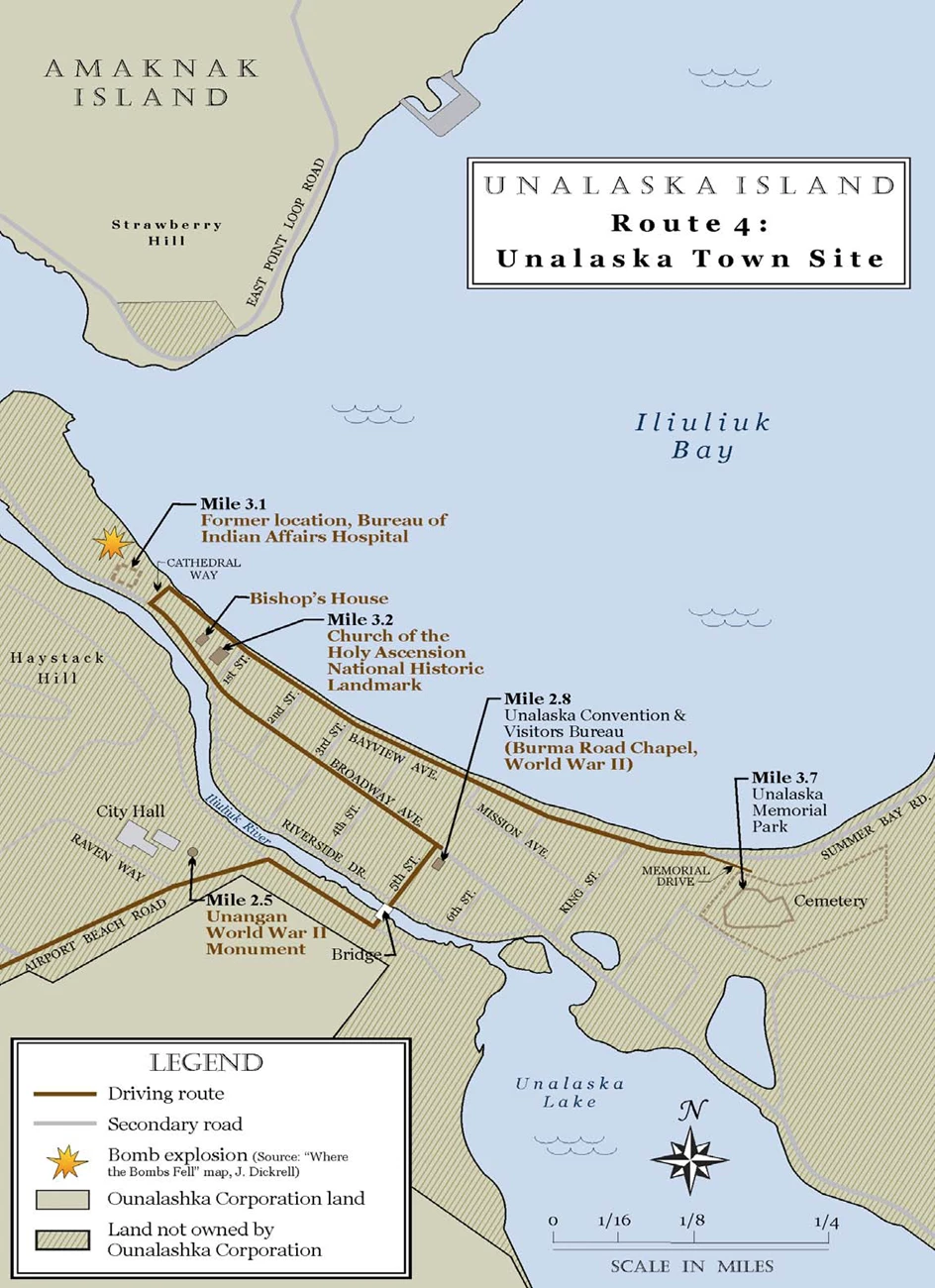 map of driving route map showing driving route along a peninsula on Unalaska Island highlighting 5 sites