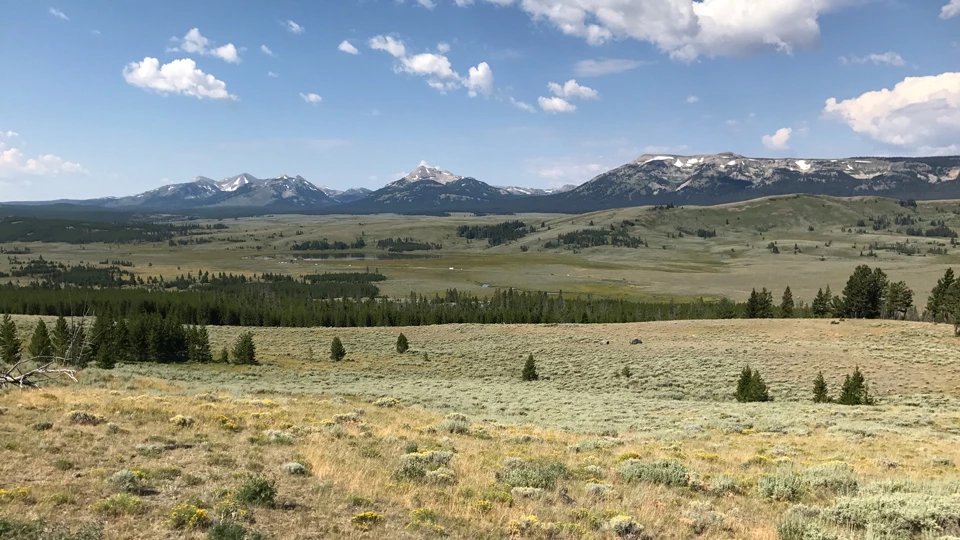Base of Bunsen Peak Snow-capped mountains rise above a wide, sagebrush-steppe valley.