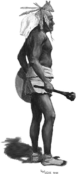 native man in traditional dress with war club