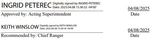 Screenshot of digital signatures of Ingrid Peterec (Acting Superintendent) and Keith Winslow (Chief Ranger), dated 04/08/2025