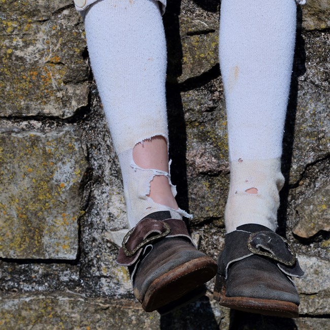 outdoors, stone wall, feet, shoes, stockings