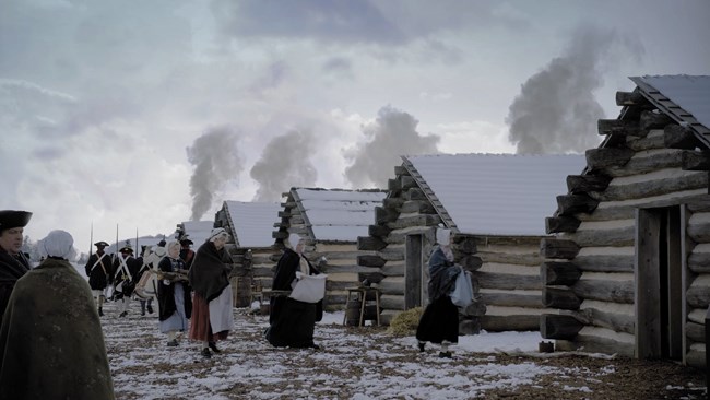 outdoors, winter, log huts, smoke, soldiers, women