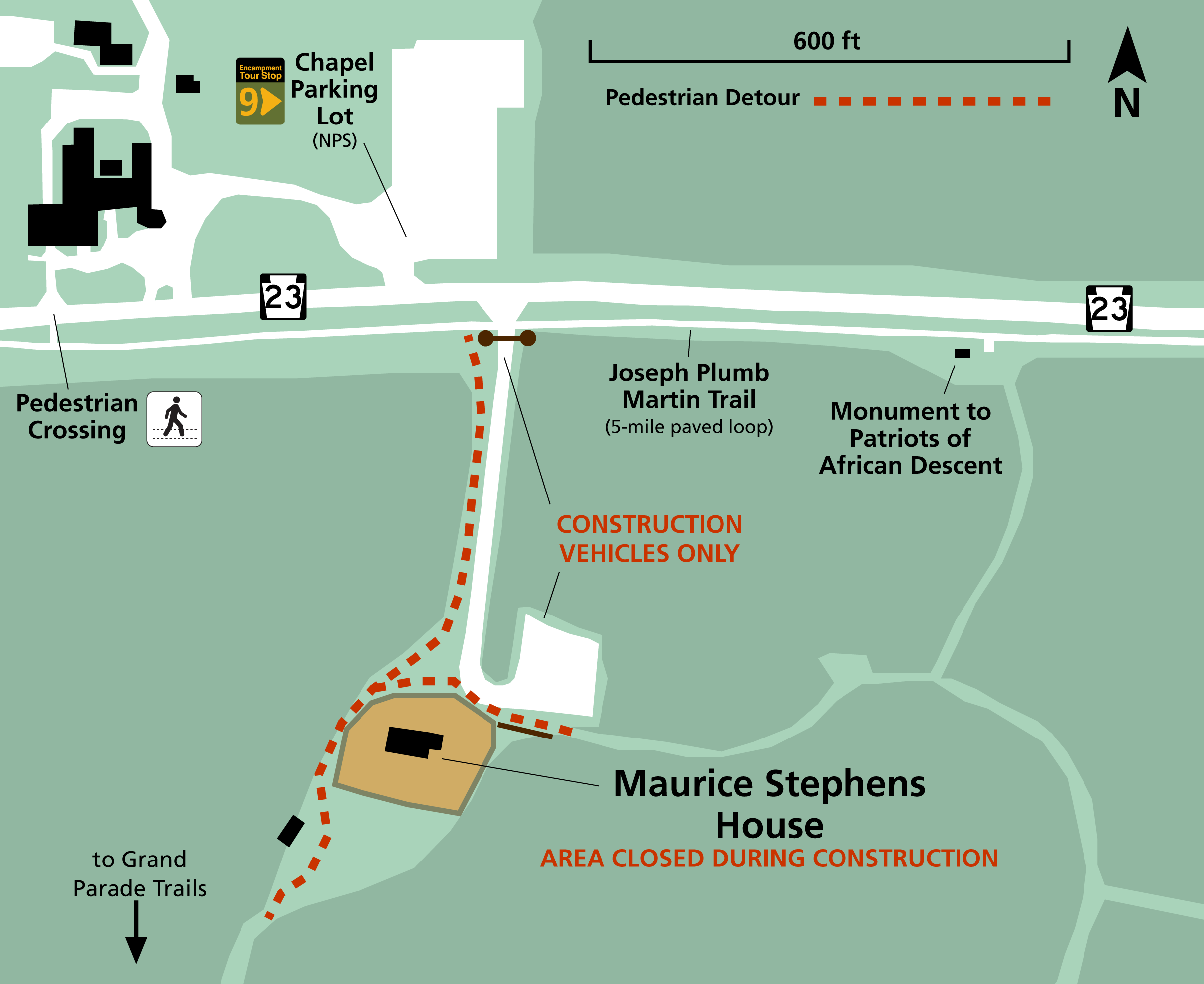 a map graphic showing a dashed line from Rt 23 going around a construction site marked in orange to the Grand Parade trail.