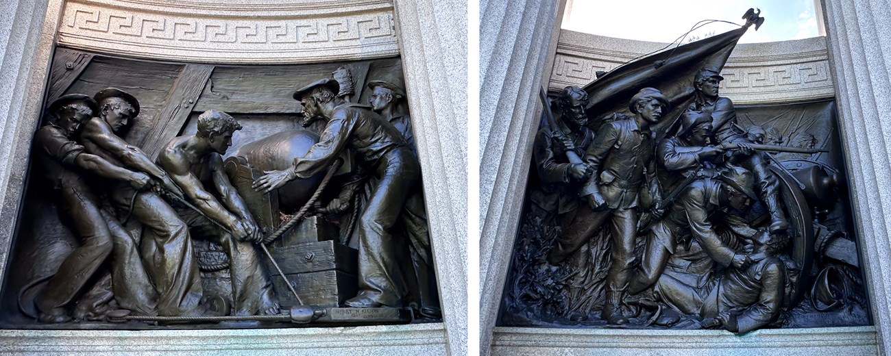 Image on the left depicts Iowa at Grand Gulf where three men are being directed by another man as they are onboard a gunboat. The image on right shows Iowa at Port Gibson in which several men direct guns at flags in the distance.