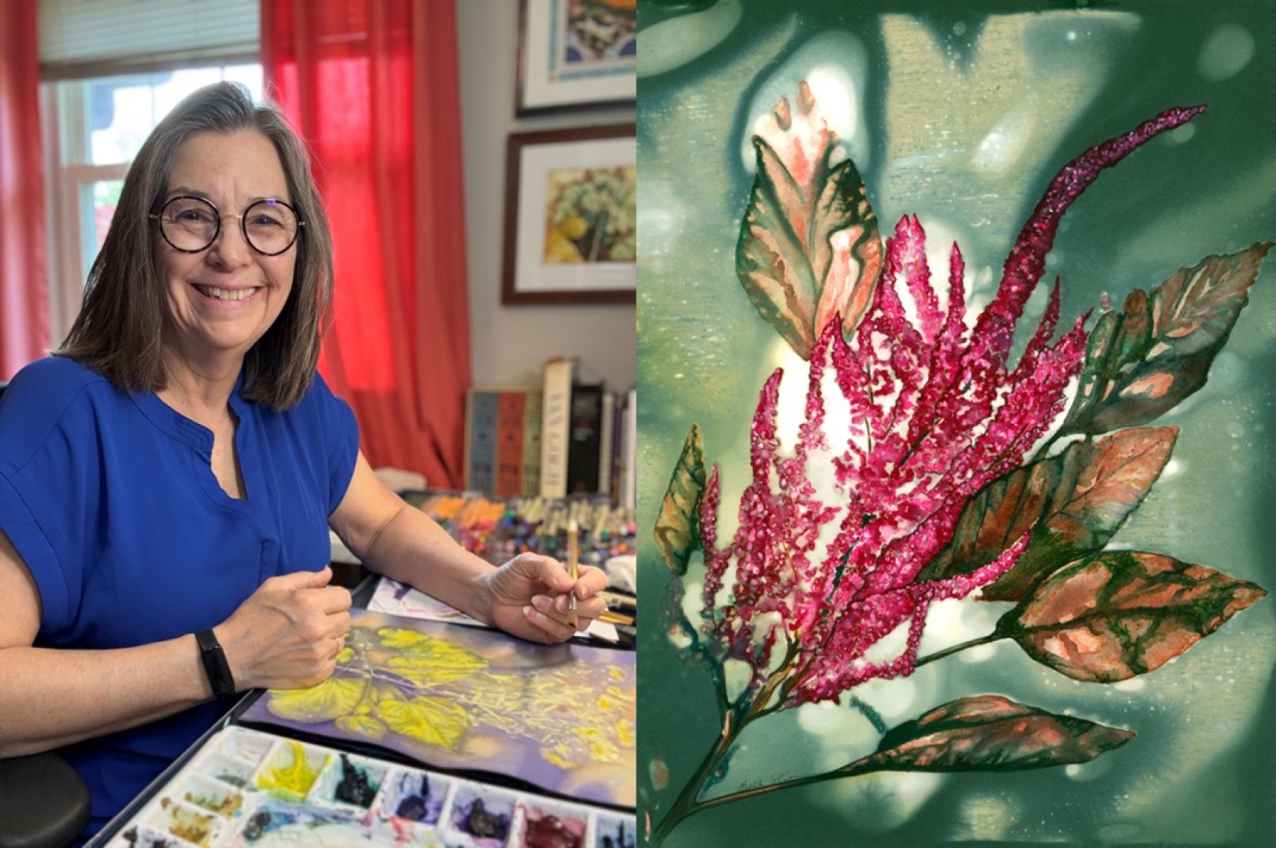 Headshot of July Artist-in-Residence Beth Stinson on left, image of one of her works on right