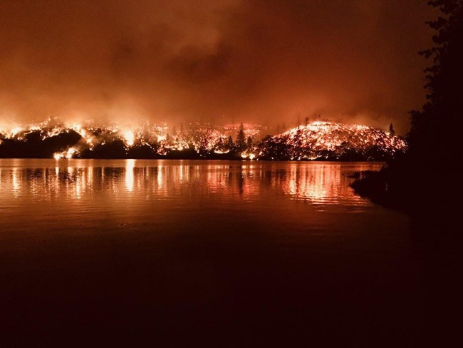 The mountains of Whiskeytown National Recreation Area on fire during the Carr Fire. CalFire Photo.