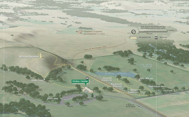 A top-down view of a park with labeled visitor center, trails and other features of significance