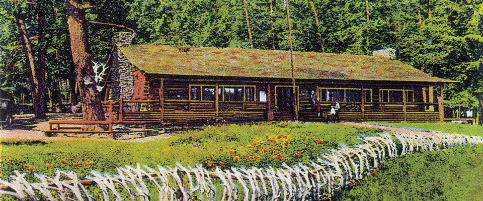 A fence made of elk antlers borders a yard in front of a log building