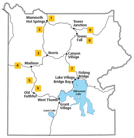 Map of Yellowstone National Park with numbered markers around Grand Loop Road