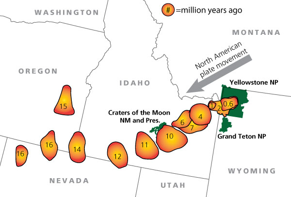 Map showing the different calderas formed by the plate moving across the hot spot.