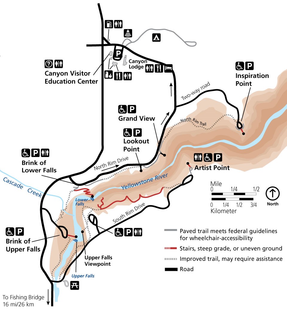 Map showing the location of services and the accessibility levels of trails.