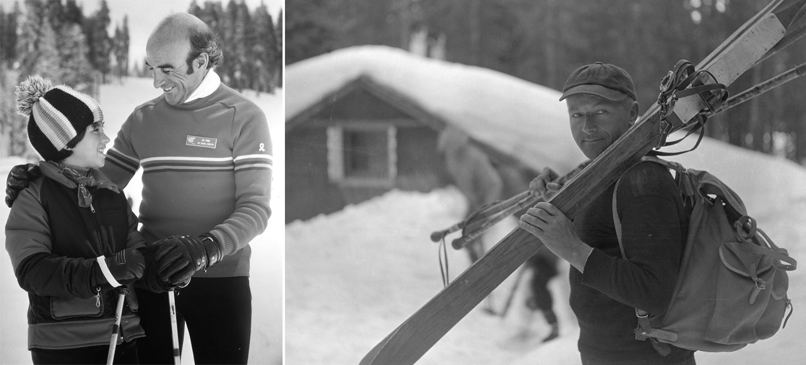 Two black and white photos. One of a man talking to a child in a snowy area. The other photo shows a man holding wood skies in a snowy area.