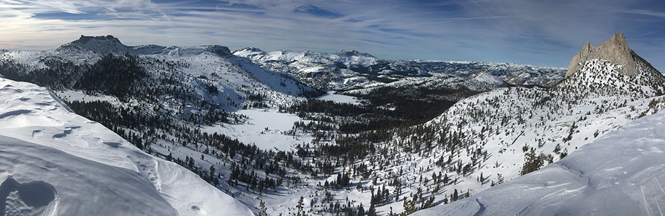 Cathedral Lakes and Peak covered in snow