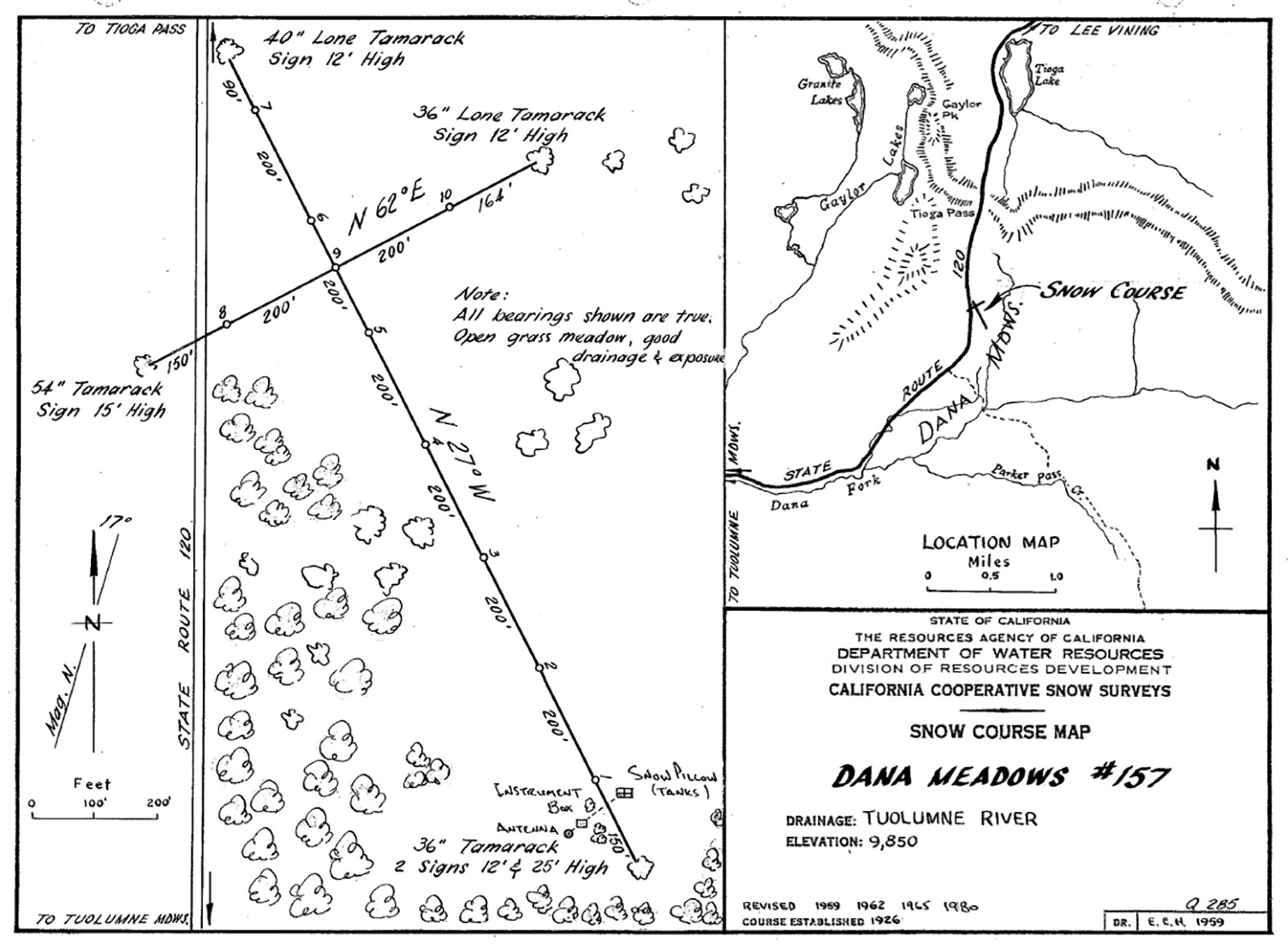 Black and white rudimentary map for Dana Meadow snow survey course. 