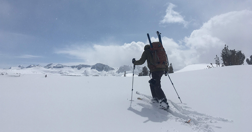 Snow survey commute with ranger on skis in fresh snow on March 26, 2020.