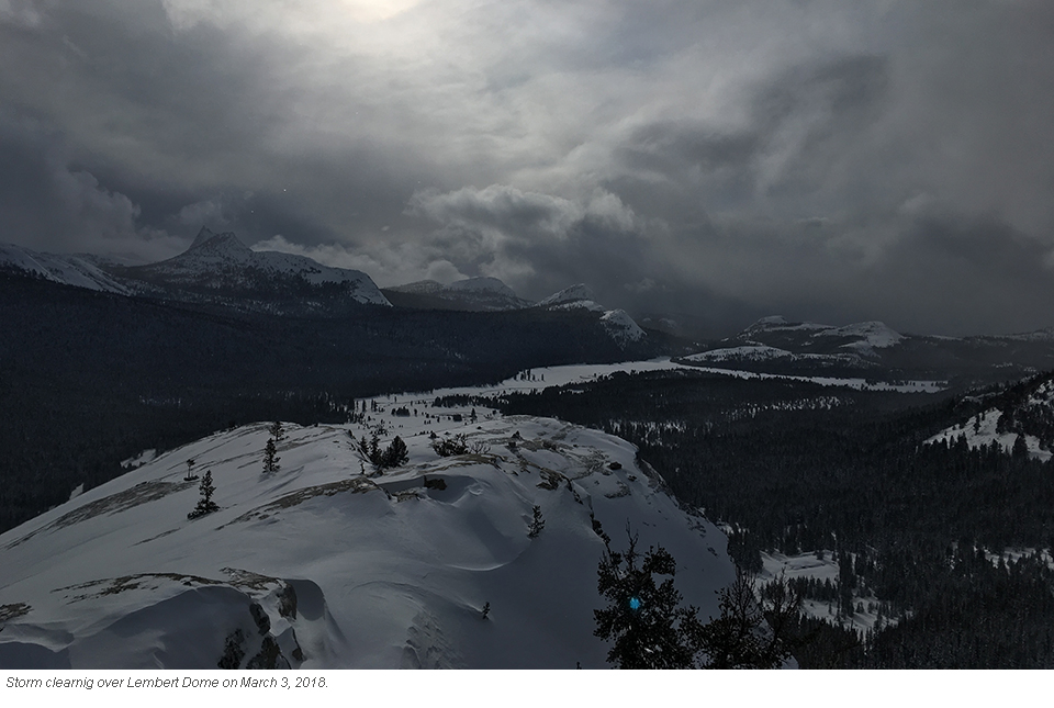 Sun and clouds as the storm clears over Lembert Dome on March 2, 2018 