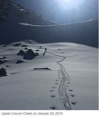 Skier skiing in Upper Unicorn Peak on January 20, 2018