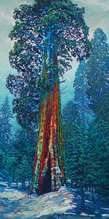 Artist's illustration of a giant sequoia in snow.