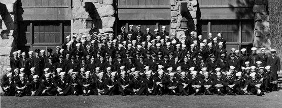 Dozens of people pose for a staff photo outside the Ahwahnee