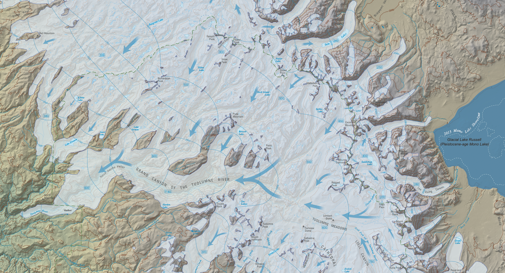 Map showing flow of glaciers from the Sierra crest down into the Grand Canyon of the Tuolumne