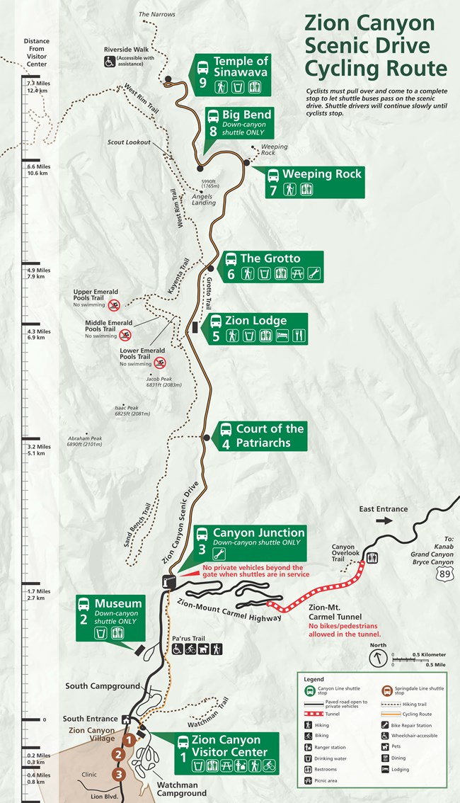 Zion Canyon shown with areas where bikers can travel.