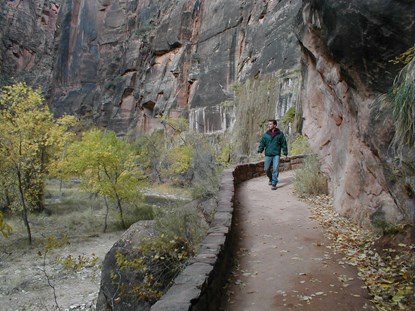 A hiker in a teal jacket walks on a concrete path bordered by stones. They look towards the Virgin River flowing parallel to the path.